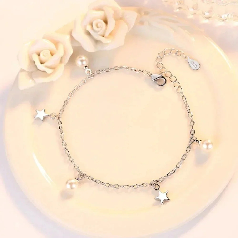 Dainty 925 Sterling Silver Star & Pearl Bracelet